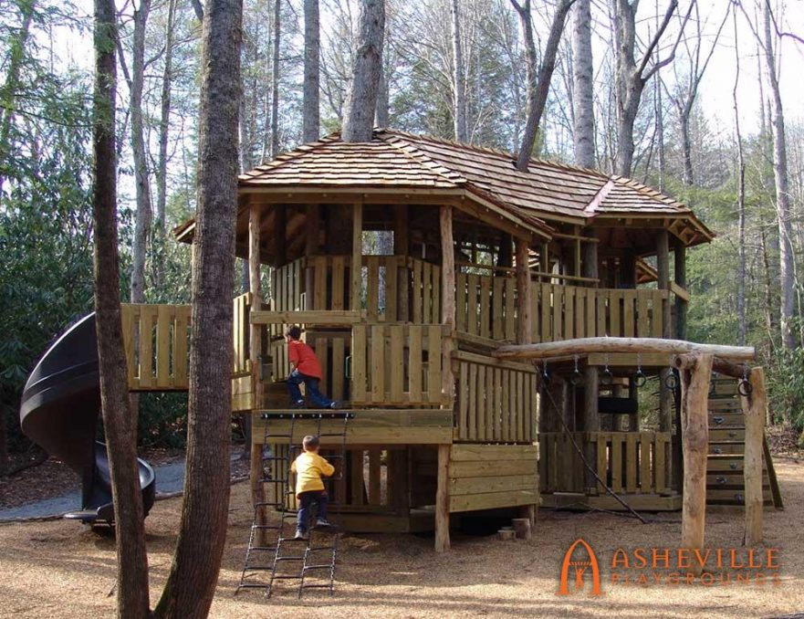 Large treehouse playground cedar roof Fairview NC