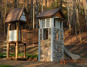 Playground fort features a real rock climbing wall at Pinchot Forest in Asheville, NC - Asheville Playgrounds
