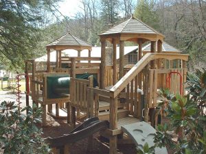 The back side of the large playground at Robert Lake Park in Montreat, NC - Asheville Playgrounds