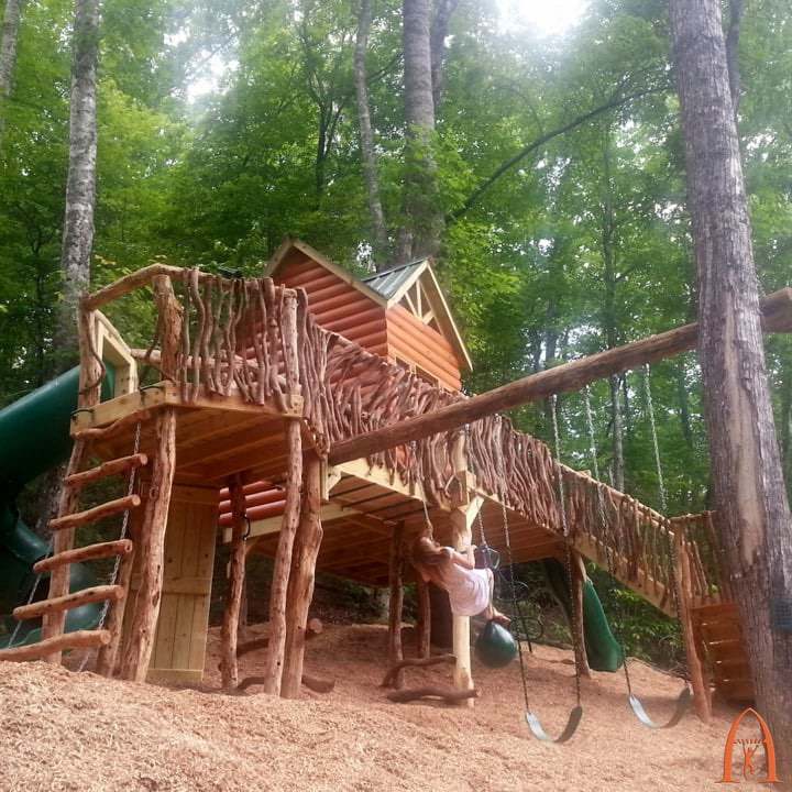 Rustic Playground and Log Cabin on a Very Steep Hill